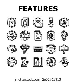 recursos adicionais ícones do produto definir vetor. aprimoramento, inovação de atualização, extensão suplementar, melhoria, opção, ferramenta recursos adicionais produto contorno preto ilustrações