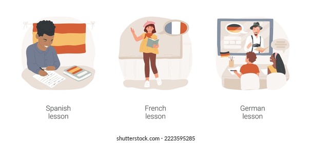 Additional foreign language proficiency isolated cartoon vector illustration set. Spanish lesson, French class, German for children, additional foreign language at middle school vector cartoon.