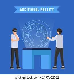 Additional reality social media banner template. Business and education innovation, modern technology. Colleagues wearing AR glasses, men in VR headsets flat vector illustration with typography