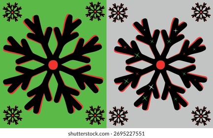 Pequeños copos de nieve negros adicionales enmarcan las figuras centrales. El diseño sugiere una versión moderna, minimalista y llamativa de los temas de invierno, vacaciones y Navidades.