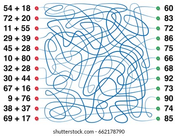 Additions - one of four elementary arithmetic operations - practice addition with funny labyrinth game - follow the lines from summands to sum.