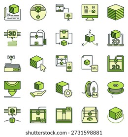 Additive manufacturing colored icons set - 3D Printer and Printing Technology concept signs collection