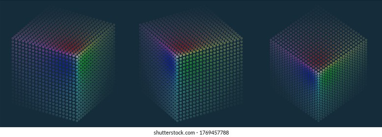 Mezcla aditiva de colores rojo, verde y azul en la superficie de cubo 3d. Ilustración vectorial. Concepto de ciencia, tecnología o educación.