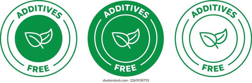 Additives free icon. no added Additives Green color rounded symbol logo on transparent background, for healthy food products. an isolated symbol in 3 variations. vector illustration.