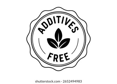 Aditivos de rótulo livre com folhas. Ilustração de vetor preto e branco para marca de alimentos saudáveis e produtos naturais.