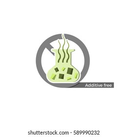 Additives free label. Vector illustration in flat design and eco-style colors. Icon of a flask, crossed by "no"-symbol. Also suitable for colorants, flavorings or other chemistry.
