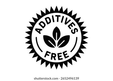 Ícone de vetor livre de aditivos. Rótulo de produto natural com folhas. Comida saudável, produto orgânico e símbolo de conceito vegano.