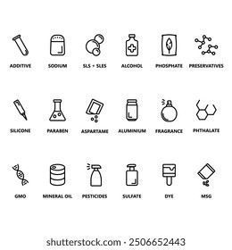 Additives, GMO, SLS, Parabens and other food and cosmetics chemicals icon set. Organic label, sticker or package stamp concept.