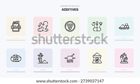 ADDITIVES stroke icon. ADDITIVES line icon set. editable stroke icon pack. Line, Thin, Linear Style Icon Bundle. Fully Customizable