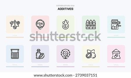 ADDITIVES stroke icon. ADDITIVES line icon set. editable stroke icon pack. Line, Thin, Linear Style Icon Bundle. Fully Customizable