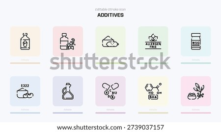 ADDITIVES stroke icon. ADDITIVES line icon set. editable stroke icon pack. Line, Thin, Linear Style Icon Bundle. Fully Customizable