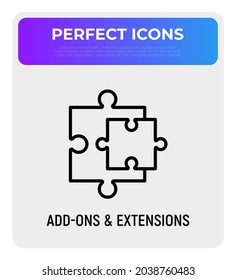 Add-ons and extensions. Browser add thin line icon, two details of puzzle. Modern vector illustration.