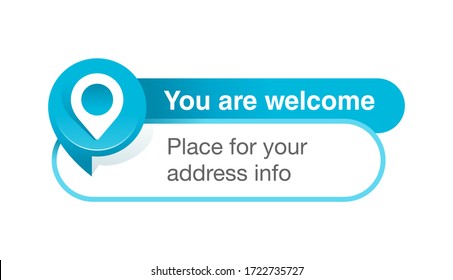 Address block template for website or banner - creative decorated frame with geo location pin (marker) and place for address info - isolated vector web element