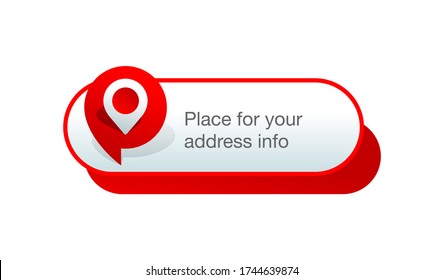 Address block template for website or banner - red creative decorated frame with geo location pin (marker) and place for address info - isolated vector web element