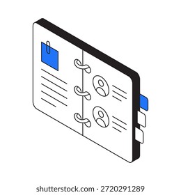 Ícone do catálogo de endereços ou contato. Ilustração isométrica 3d. Vetor isolado para banner, cartaz, apresentação, infográfico, webs, aplicativos e outros usos.