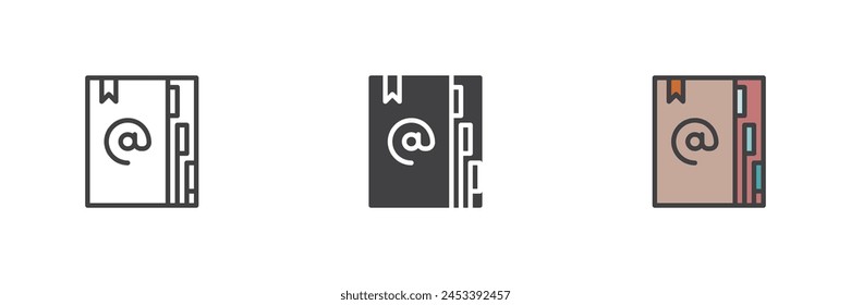 Juego de iconos de estilo diferente del libro de Direcciones. Línea, glifo y contorno relleno versión colorida, contorno y Vector relleno signo. Símbolo del libro de contacto, ilustración del logotipo. Vector gráfico
