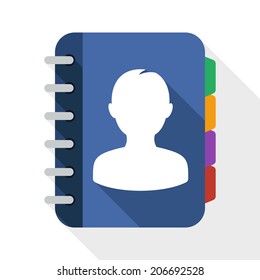 Address book flat icon with long shadow on white background