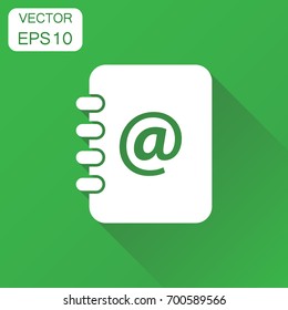 Address book icon. Business concept contact note pictogram. Vector illustration on green background with long shadow.