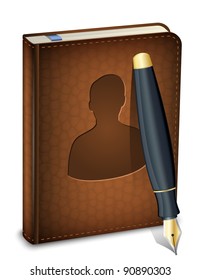 Address book icon with ink pen. Vector