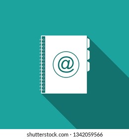 Address book icon isolated with long shadow. Notebook, address, contact, directory, phone, telephone book icon. Vector Illustration