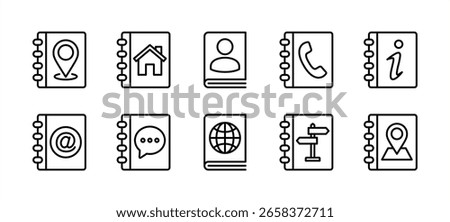 Address book icon set. Contains map pin location, home place, phone information, contact person, directory, catalog, guide, web or website, info. Vector illustration