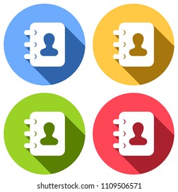 address book with man symbol on cover. Set of white icons with long shadow on blue, orange, green and red colored circles. Sticker style