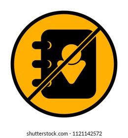 address book with man symbol on cover. not allowed, black object in warning sign with orange background color