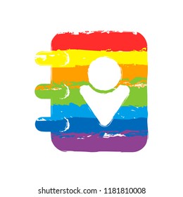 address book with man symbol on cover. Drawing sign with LGBT style, seven colors of rainbow (red, orange, yellow, green, blue, indigo, violet