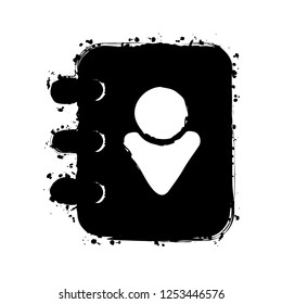address book with man symbol on cover. Black ink with splashes on white background