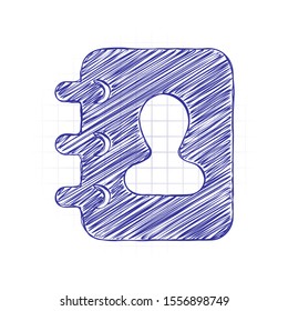 address book with man symbol on cover. Hand drawn sketched picture with scribble fill. Blue ink. Doodle on white background