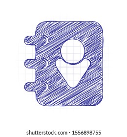 address book with man symbol on cover. Hand drawn sketched picture with scribble fill. Blue ink. Doodle on white background