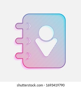 address book with man symbol on cover. Colored logo with diagonal lines and blue-red gradient. Neon graphic, light effect