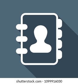 address book with person on cover. simple icon. White flat icon with long shadow on background