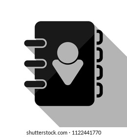 address book with person on cover. simple icon. Black object with long shadow on white background