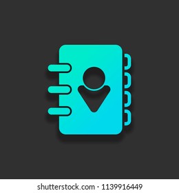 address book with person on cover. simple icon. Colorful logo concept with soft shadow on dark background. Icon color of azure ocean