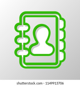 address book with person on cover. simple icon. Paper style. Cut symbol with green bold contour on shape and simple shadow