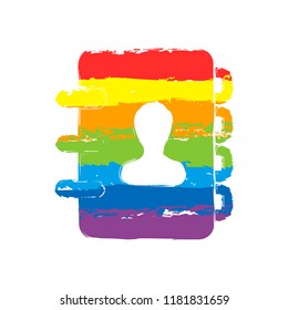address book with person on cover. simple icon. Drawing sign with LGBT style, seven colors of rainbow (red, orange, yellow, green, blue, indigo, violet