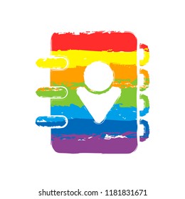 address book with person on cover. simple icon. Drawing sign with LGBT style, seven colors of rainbow (red, orange, yellow, green, blue, indigo, violet