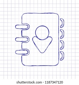 address book with person on cover. simple icon. Hand drawn picture on paper sheet. Blue ink, outline sketch style. Doodle on checkered background