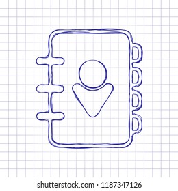 address book with person on cover. simple icon. linear symbol with thin outline. Hand drawn picture on paper sheet. Blue ink, outline sketch style. Doodle on checkered background