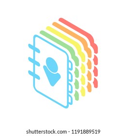 address book with person on cover. simple icon. linear symbol with thin outline. Stack of colorful isometric icons on white background