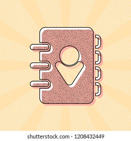 address book with person on cover. simple icon. Vintage retro typography with offset printing effect. Dots poster with comics pop art background