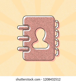 address book with person on cover. simple icon. Vintage retro typography with offset printing effect. Dots poster with comics pop art background