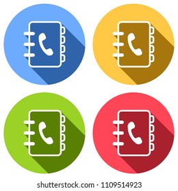 address book with phone sign on cover. simple icon. linear symbol with thin outline. Set of white icons with long shadow on blue, orange, green and red colored circles. Sticker style