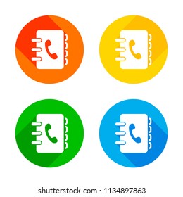 address book with phone sign on cover. simple icon. Flat white icon on colored circles background. Four different long shadows in each corners