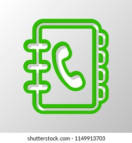 address book with phone sign on cover. simple icon. linear symbol with thin outline. Paper style. Cut symbol with green bold contour on shape and simple shadow