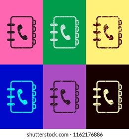 address book with phone sign on cover. simple icon. linear symbol with thin outline. Pop art style. Scratched icons on 6 colour backgrounds.