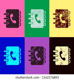 address book with phone sign on cover. simple icon. Pop art style. Scratched icons on 6 colour backgrounds. 