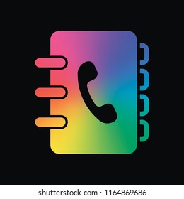 address book with phone sign on cover. simple icon. Rainbow color and dark background