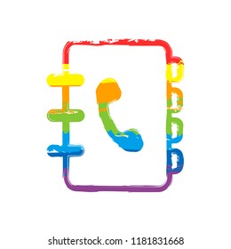 address book with phone sign on cover. simple icon. linear symbol with thin outline. Drawing sign with LGBT style, seven colors of rainbow (red, orange, yellow, green, blue, indigo, violet